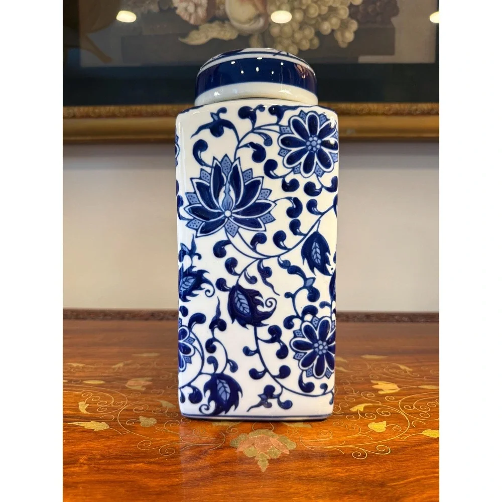 Vintage Bombay Blue & White Porcelain Ginger Jar • Lotus Floral Lidded Jar